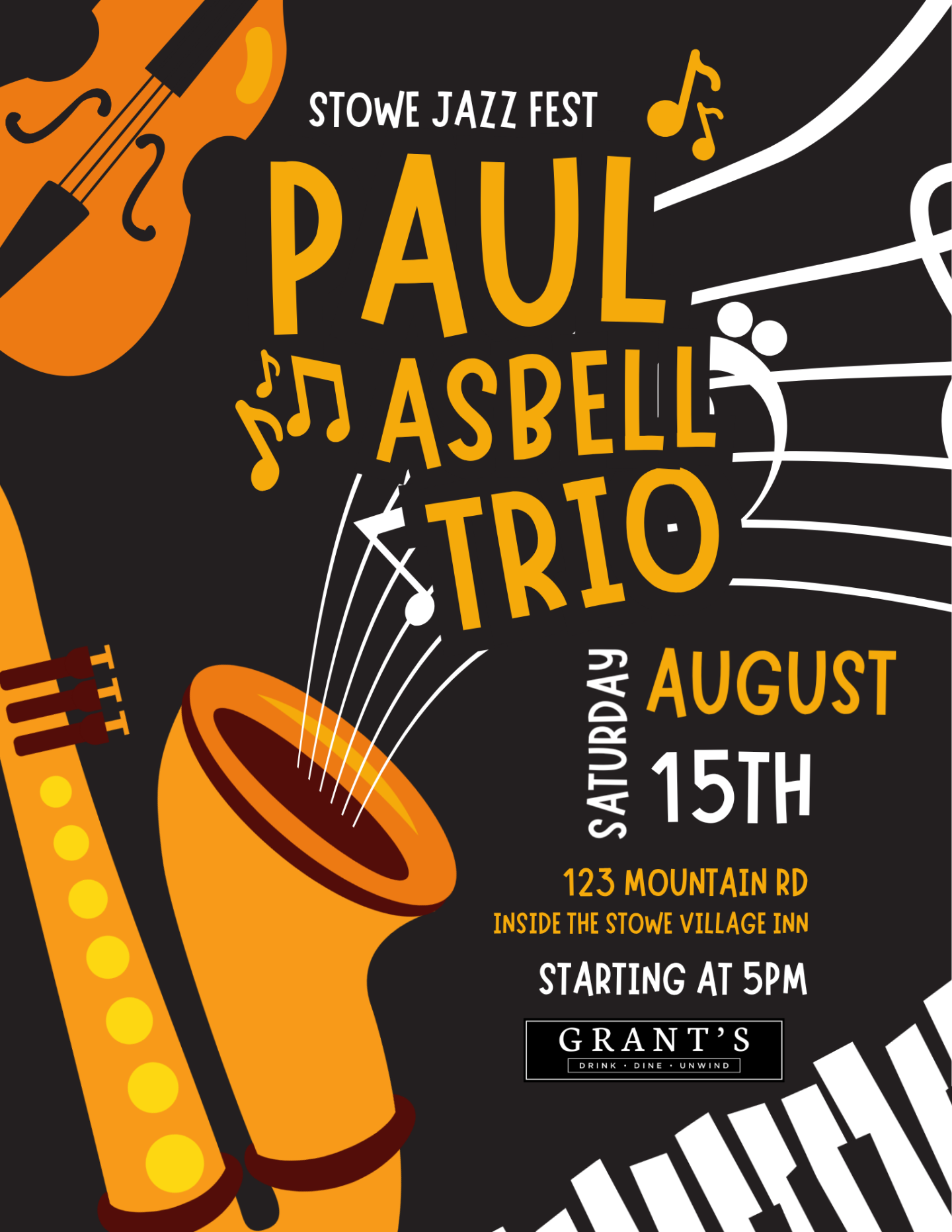 Paul Asbell Trio concert poster with instruments and musical notes.