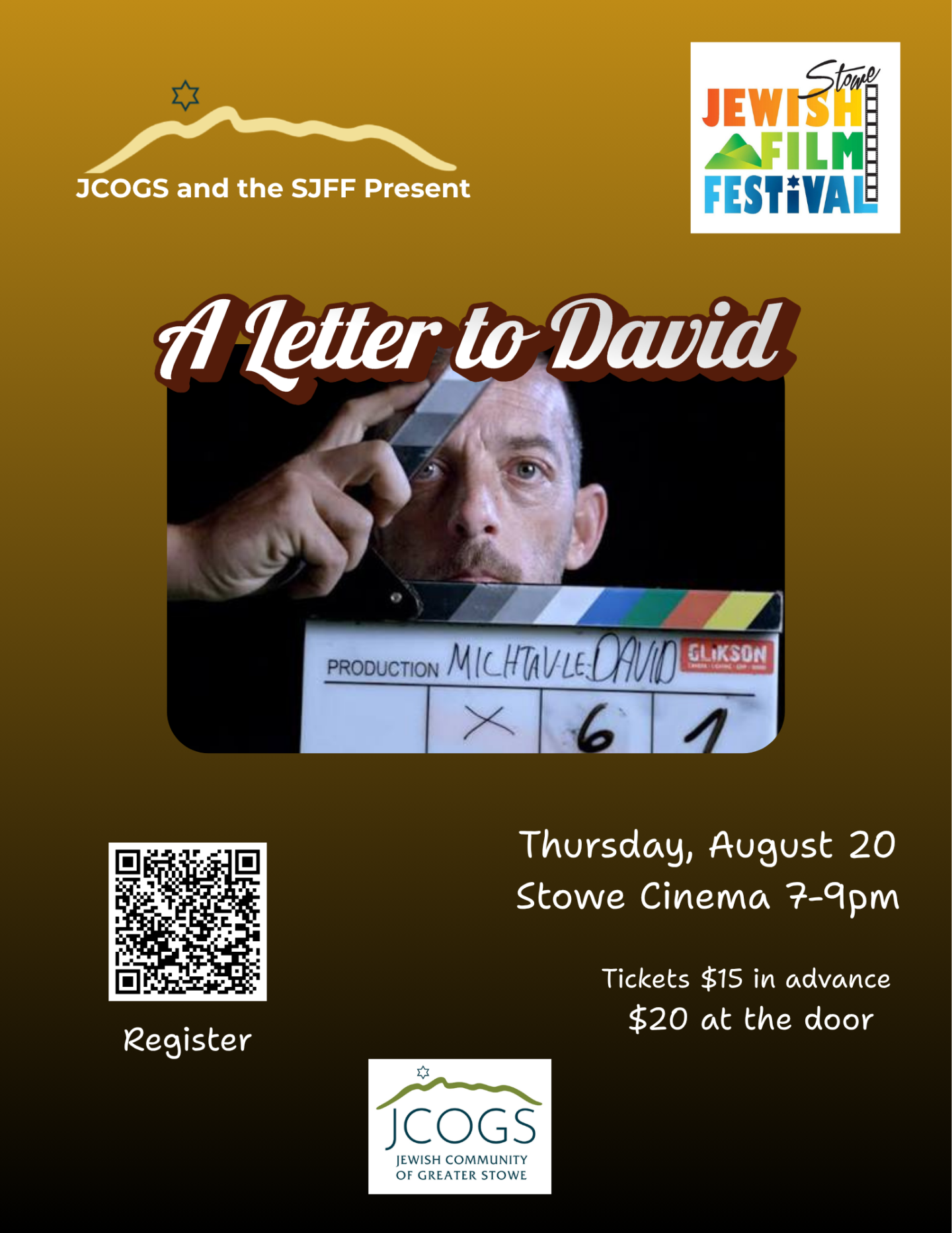 Film festival promo with a man holding a clapperboard.