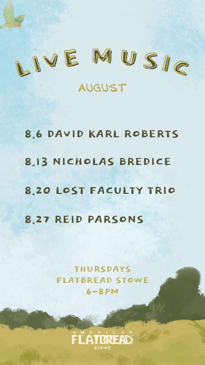Live music poster with August dates and green landscape artwork.