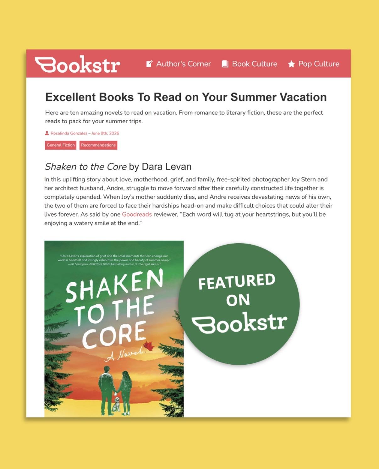 Bookstr article featuring "Shaken to the Core" with book cover and green banner.
