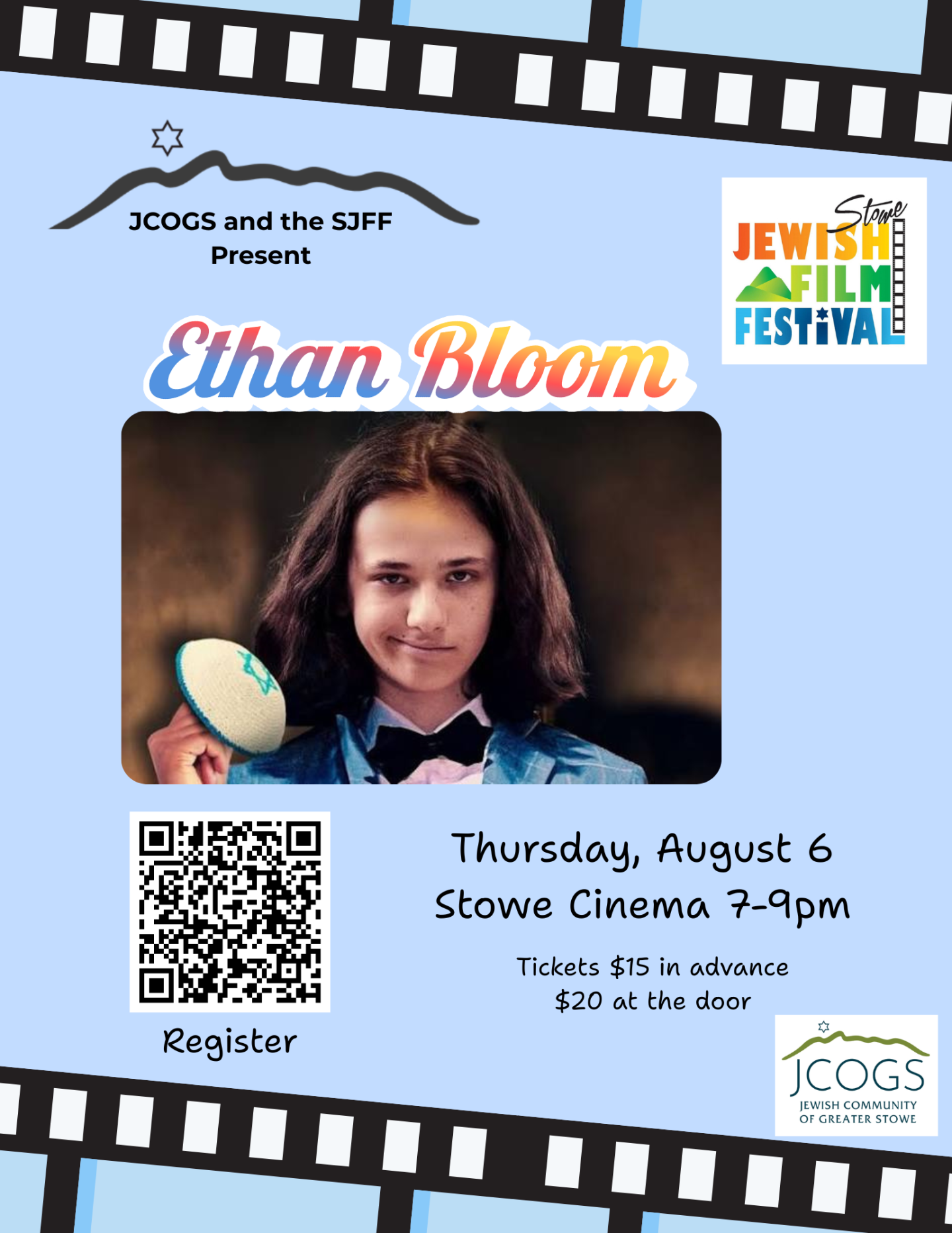 Film festival poster with a boy holding a mirror, blue background. QR code included.