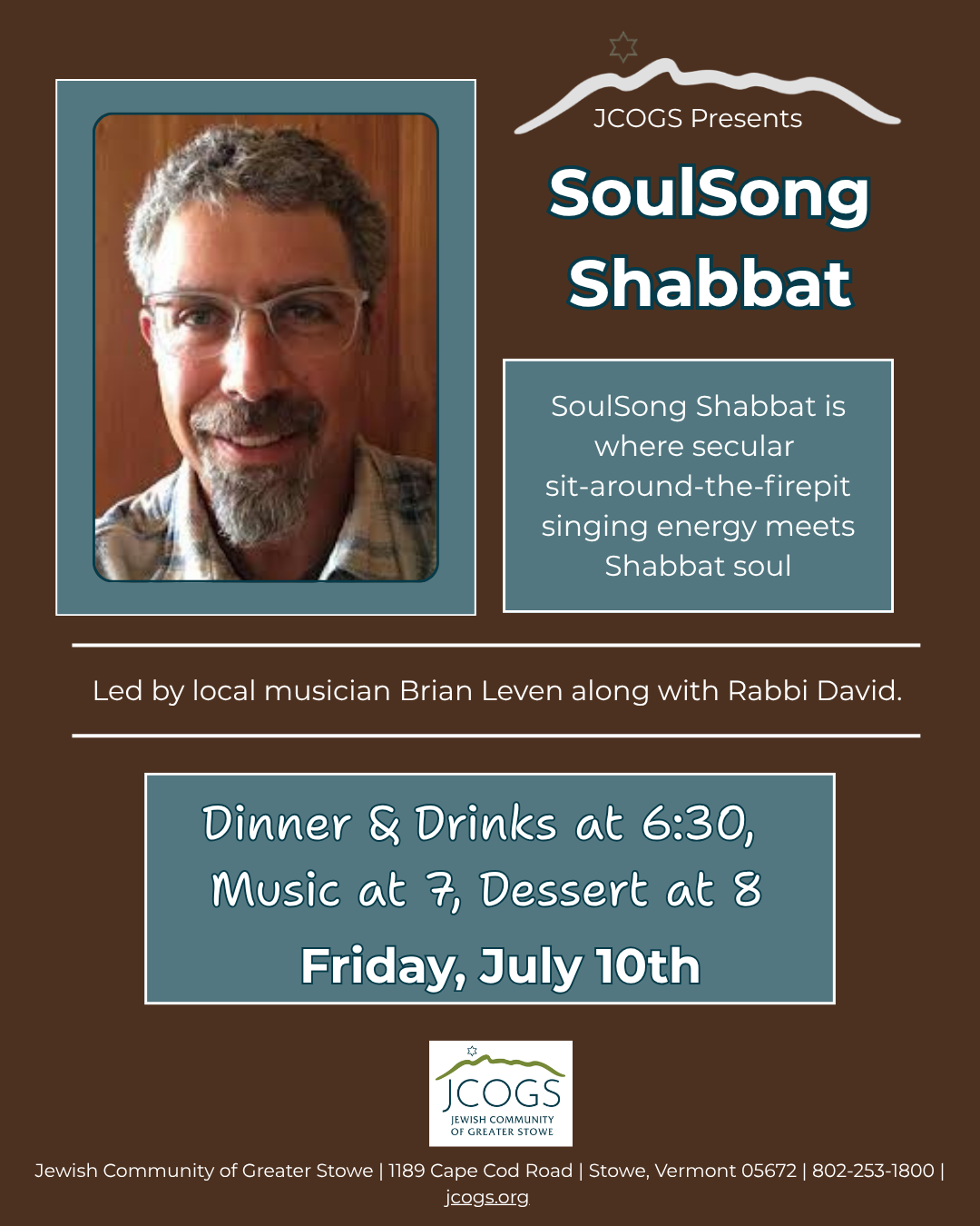 Event flyer with a man's photo, text about SoulSong Shabbat, and event details.