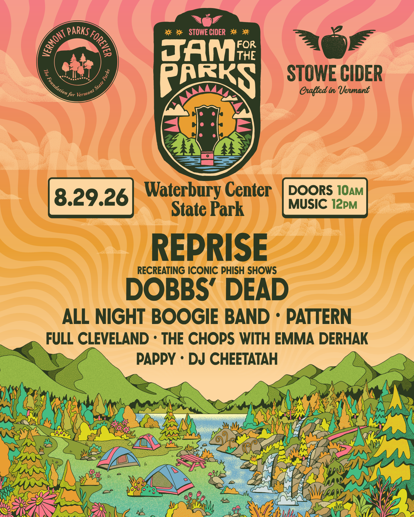 Colorful event poster with band names, date, and scenic landscape illustration.