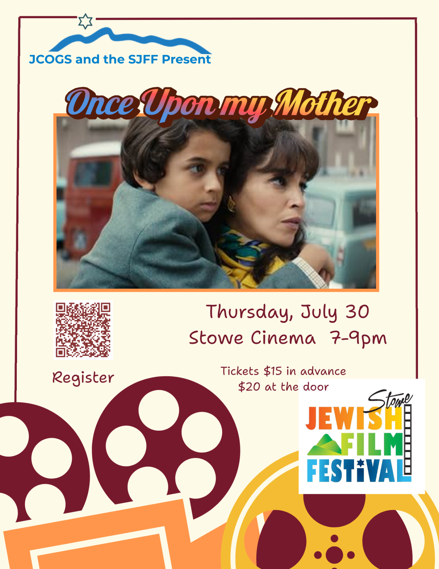 A woman holding a child closely, text details a film festival event.
