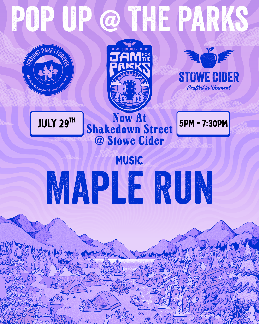 Pop-up event flyer with purple graphics and text details.