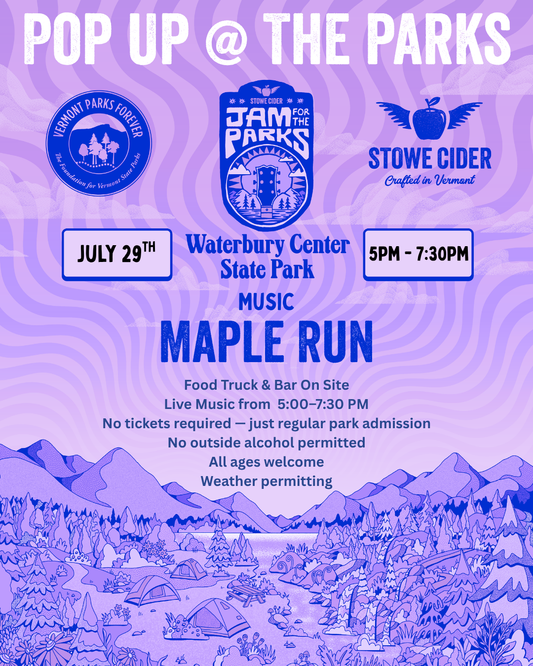 Purple event flyer for "Maple Run" at Waterbury Center State Park, July 29, 5 PM.