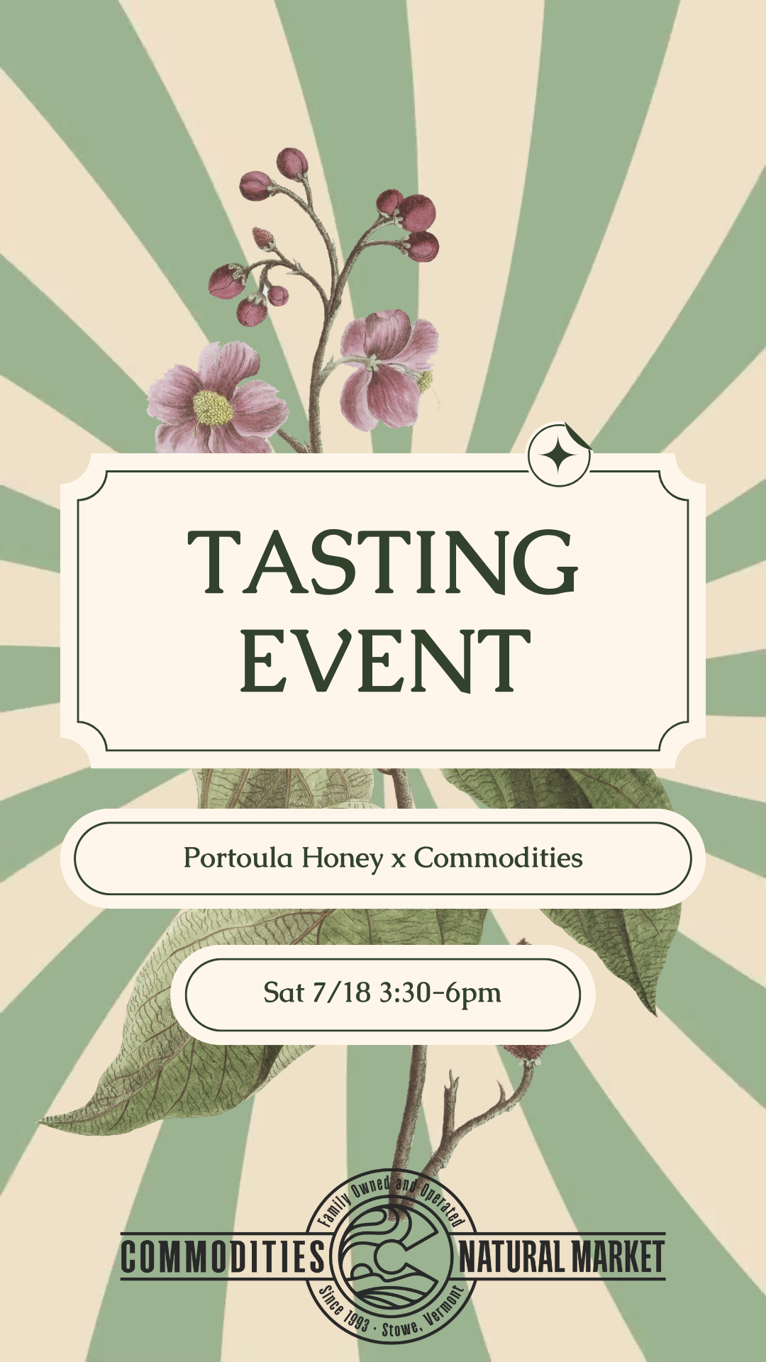 Event poster with flowers and green striped background.