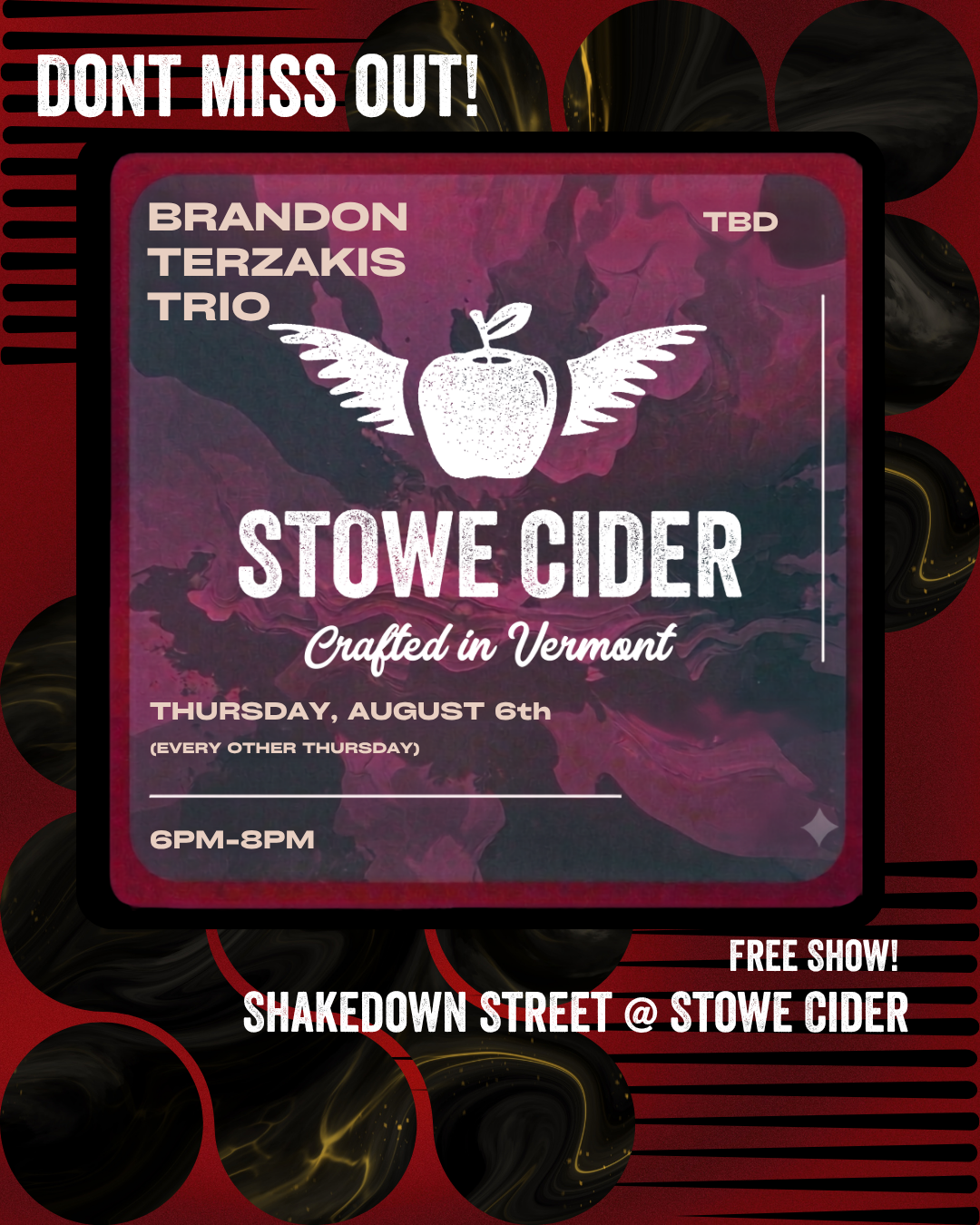 Stowe Cider event poster with apple and wings graphic.