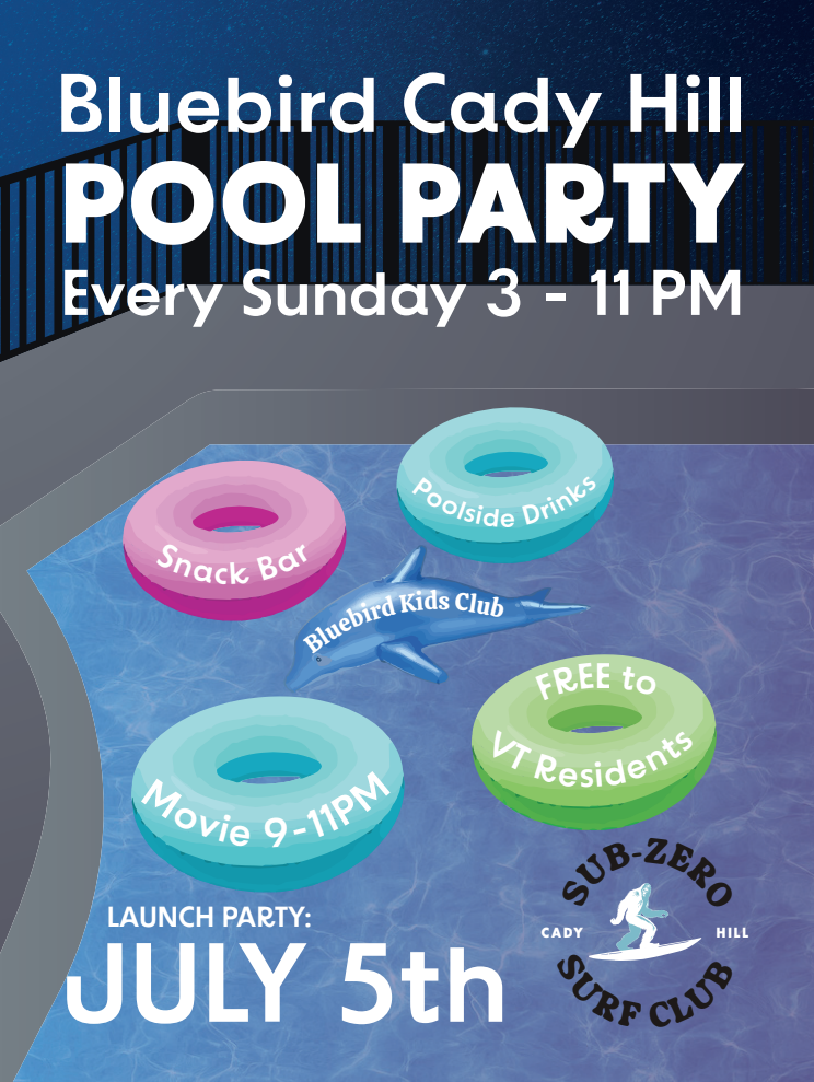 Colorful pool floaties and event details on a poolside graphic.