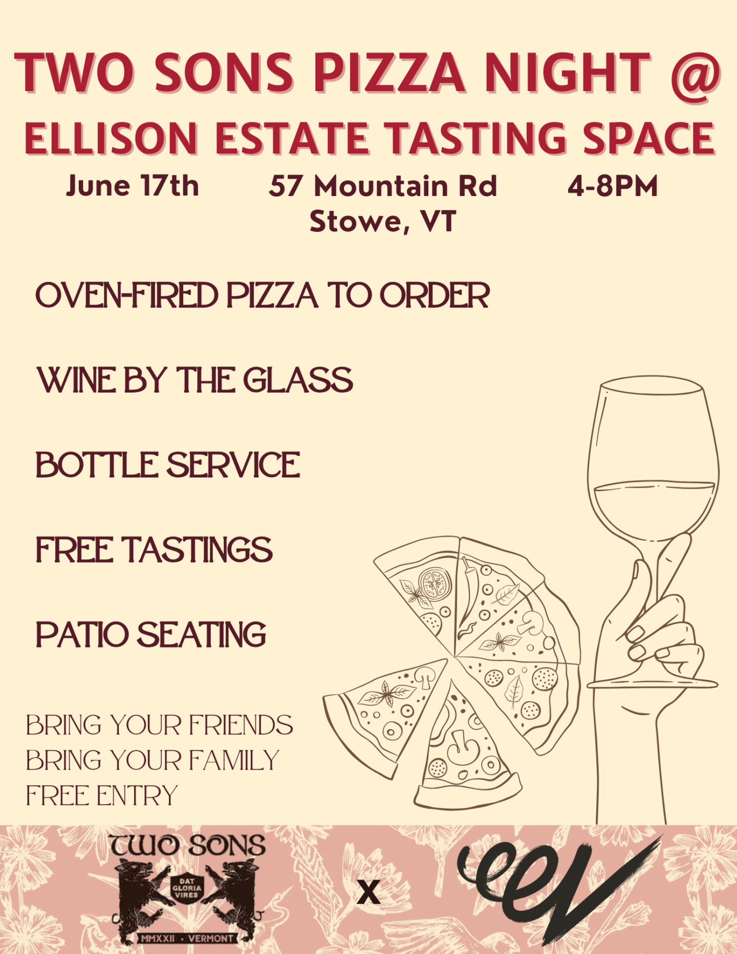 Two Sons Pizza Night event flyer with wine and pizza illustrations.