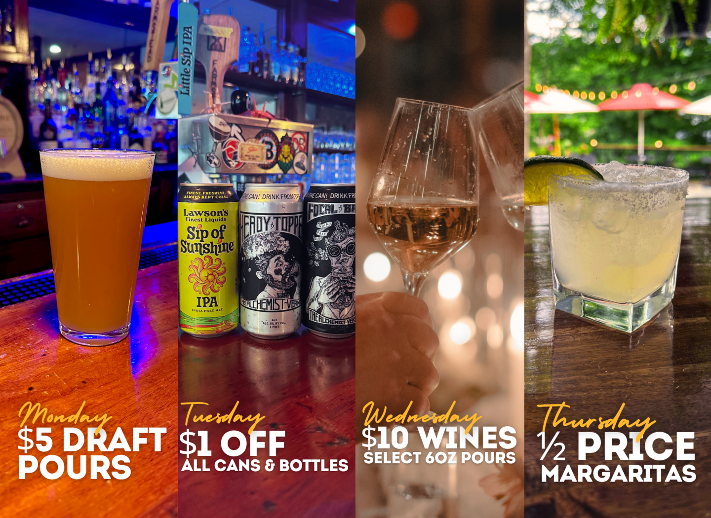 A collage displaying different drinks for each weekday: beer, canned drinks, wine, and a margarita.