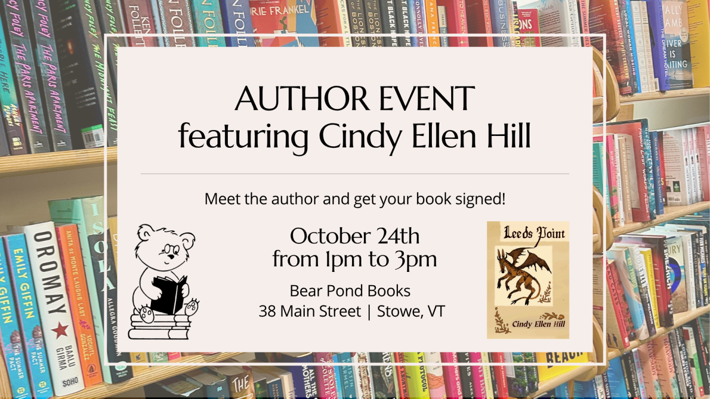 Author event poster featuring Cindy Ellen Hill, displayed in a bookstore.
