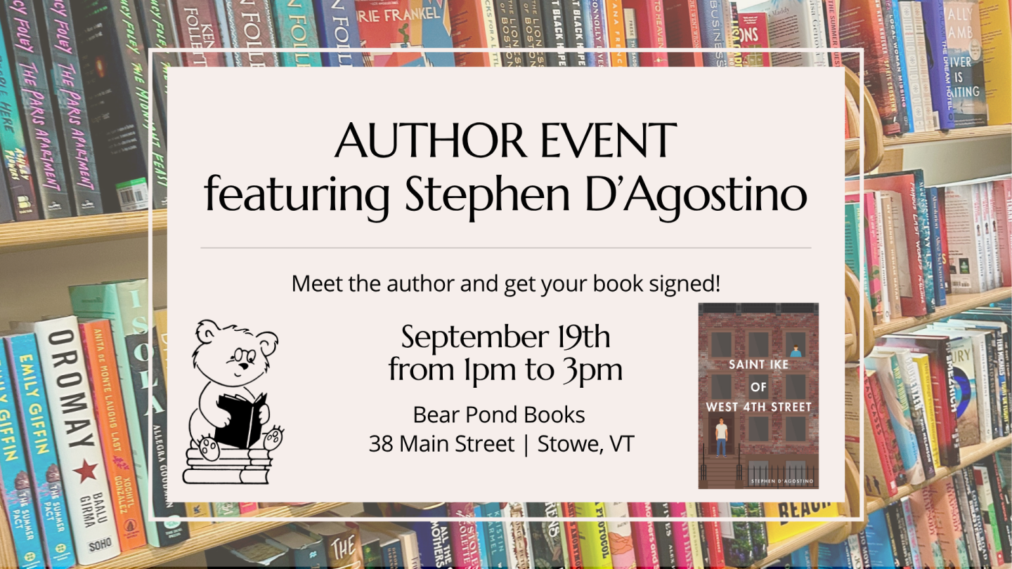 Author event poster for Stephen D’Agostino in a colorful bookstore.