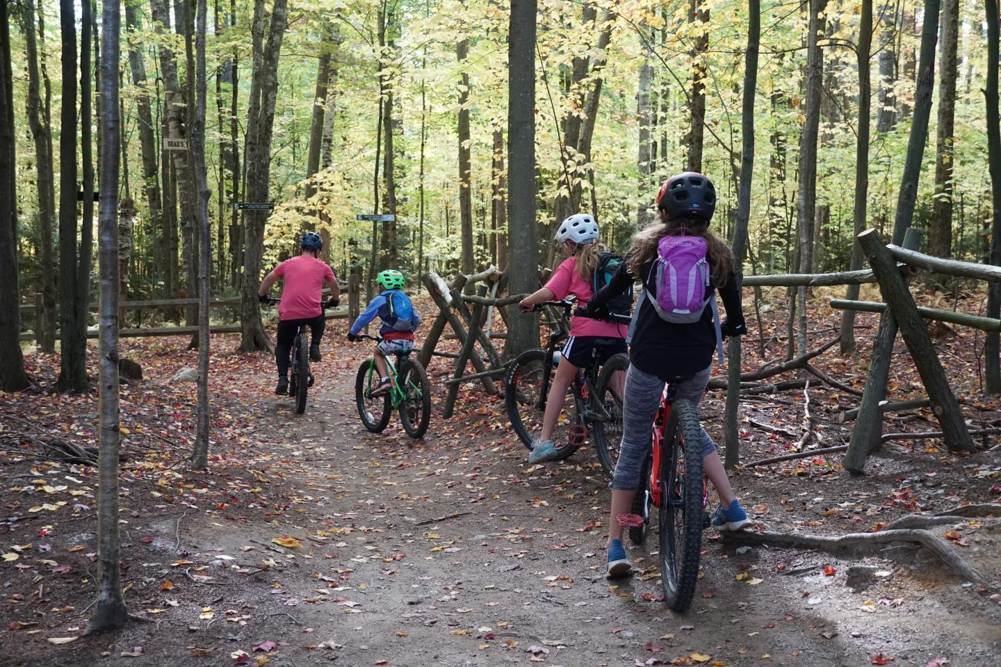 Mountain bikers ride along a wooded trail in autumn.
