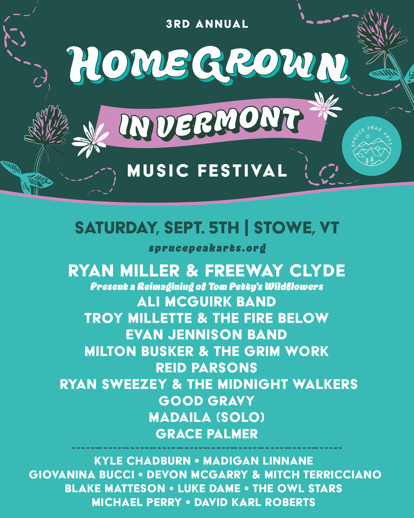 Teal poster for Homegrown Vermont Music Festival in Stowe on September 5th.