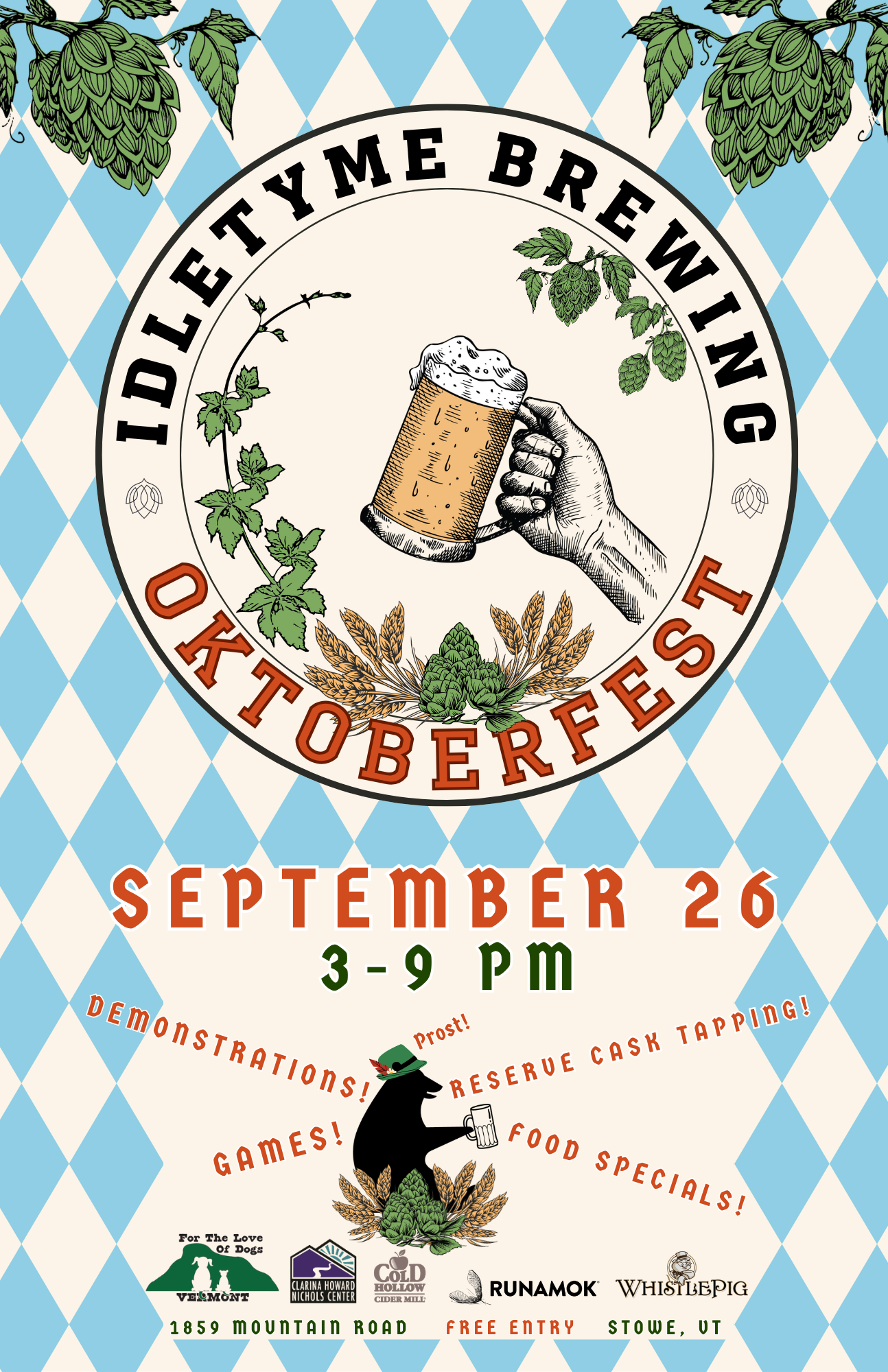 Oktoberfest beer festival poster with blue diamonds, pretzel, hops, and event details.