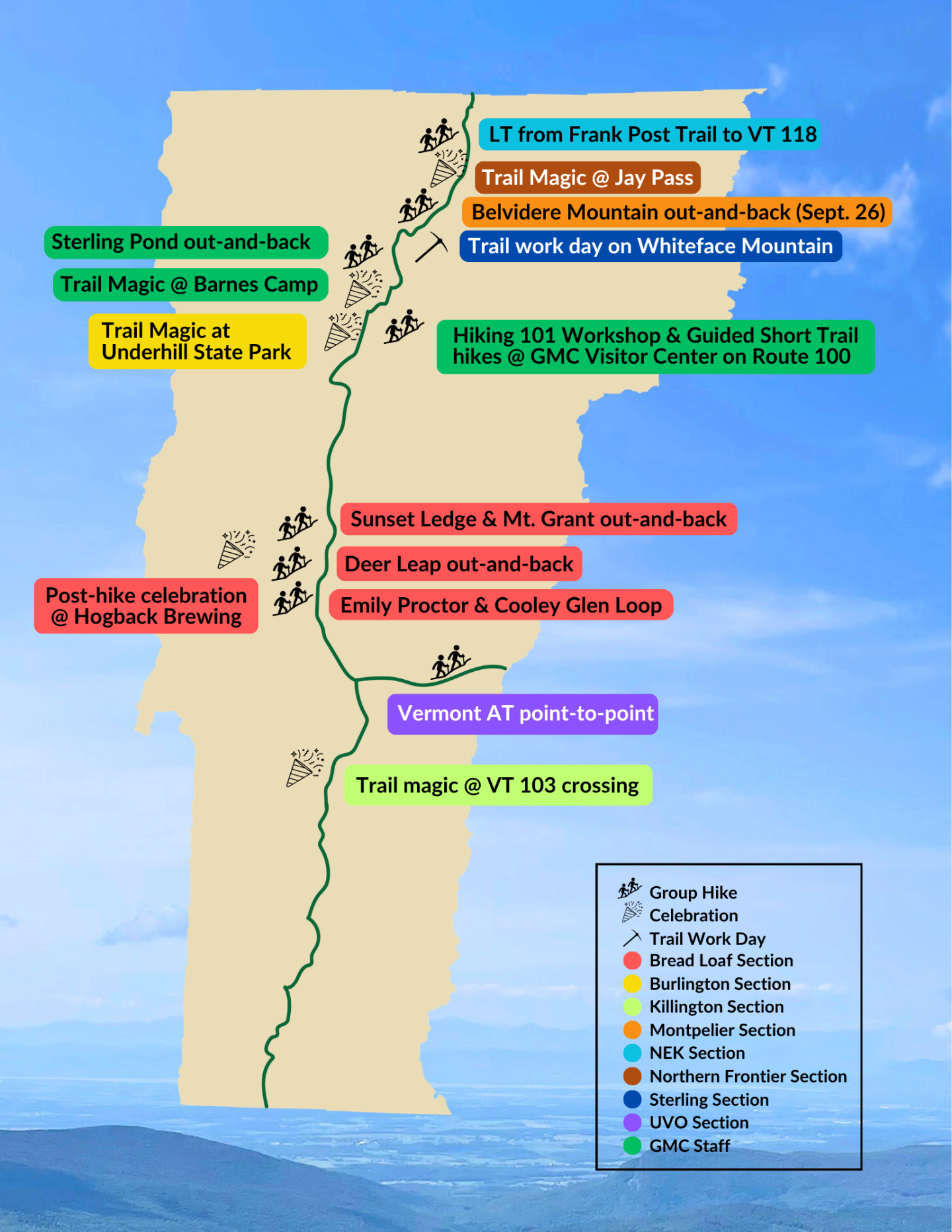 Map of Vermont with Long Trail Day events