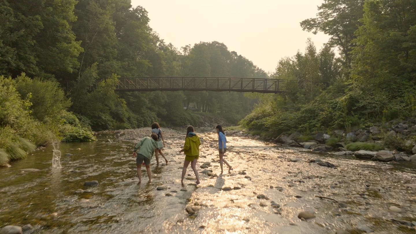 Four people wade through a shallow, sunlit river beneath a distant bridge.