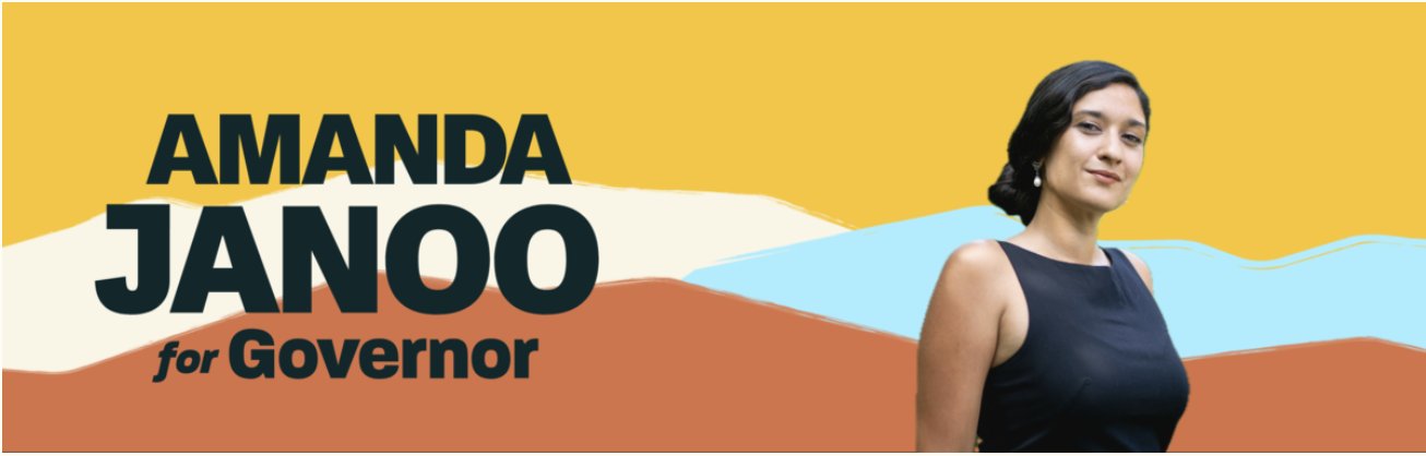 Campaign banner with woman in a black dress against a colorful abstract background.