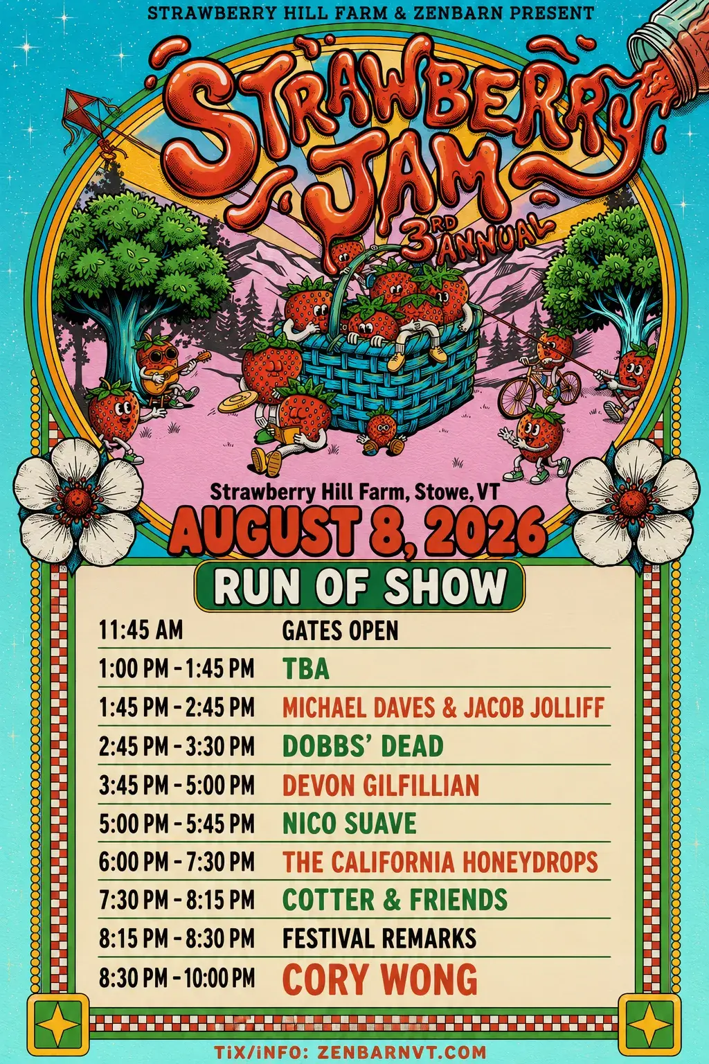 Strawberry-themed music festival poster for August 8, 2026, featuring artist lineup.