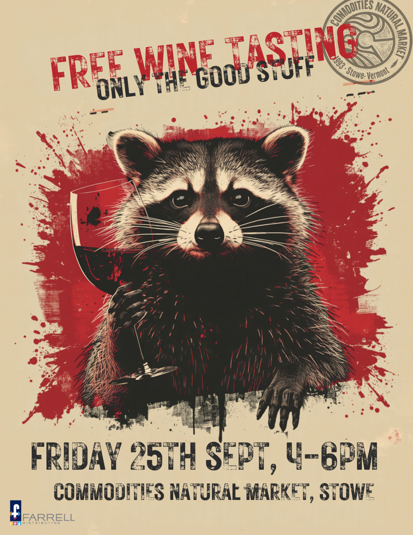 Vintage poster of a raccoon with red splatter background and event details.