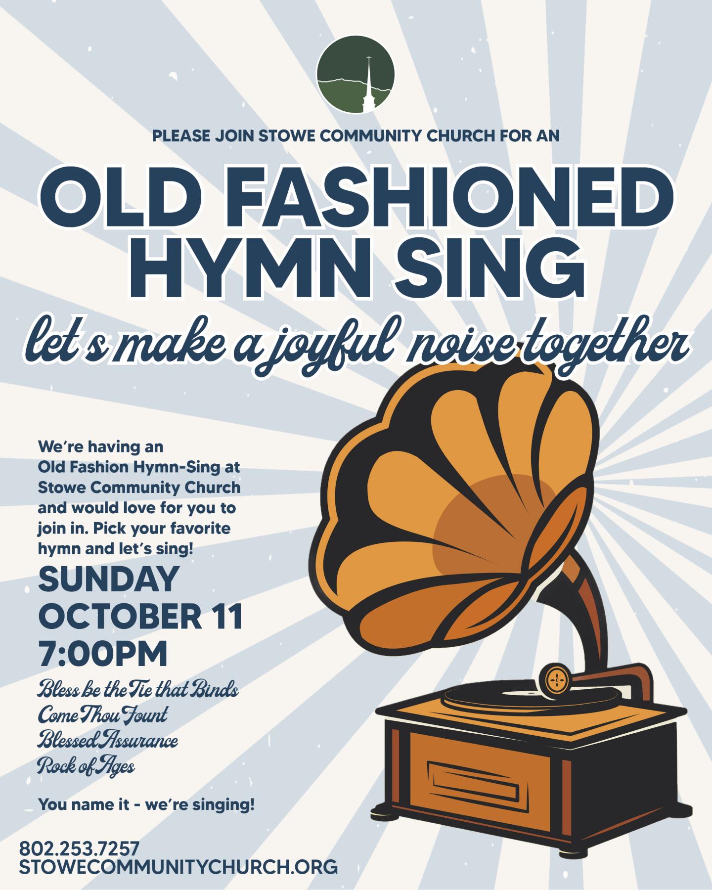 Old Fashioned Hymn Sing poster with orange flower, organ, and event details.