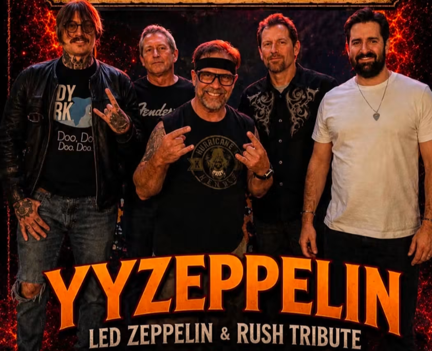 YZEPPELIN, a Led Zeppelin tribute band, posed against a fiery red background.