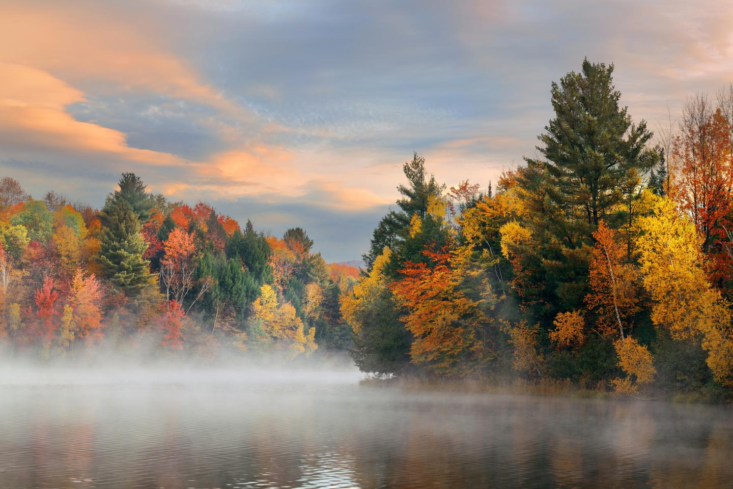 Autumn trees reflected in a misty lake beneath a colorful sunset sky.