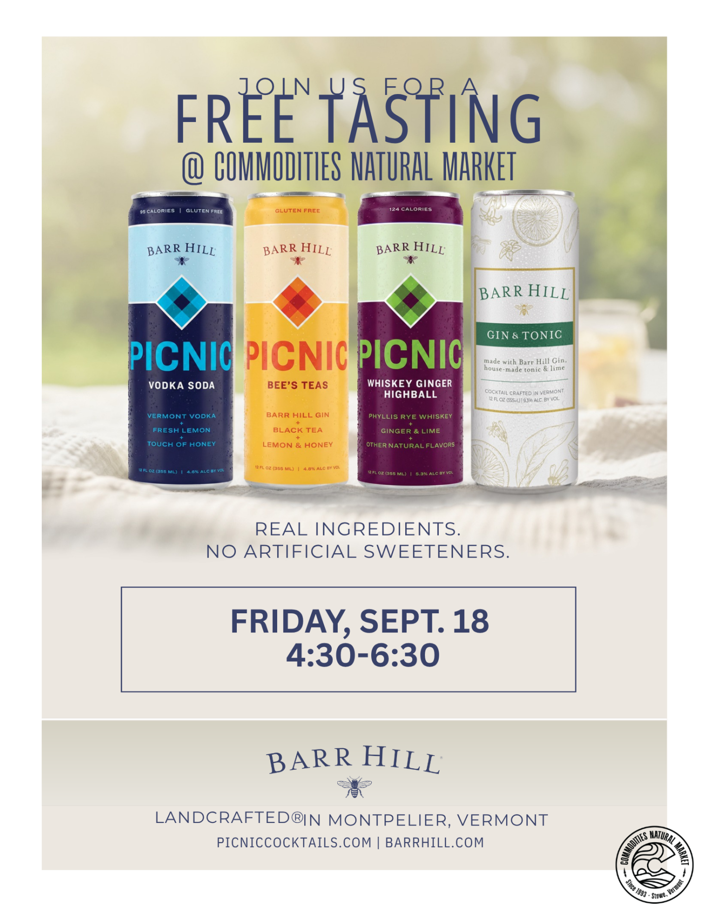 Four cocktail cans on a marble table promoting free 21+ tasting event on Friday, September 18 4:30-6:30