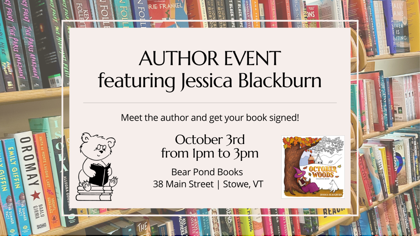 Author event poster featuring Jessica Blackburn displayed on a bookshelf.