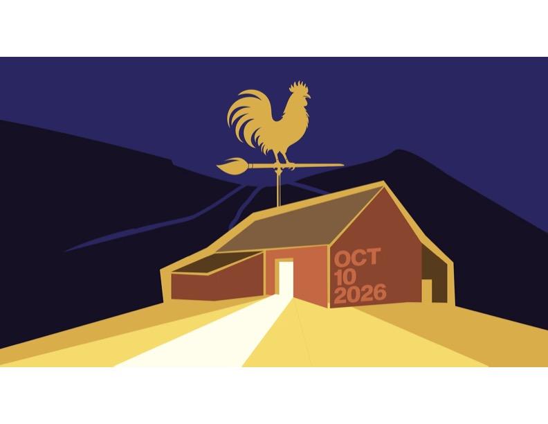 Stylized golden rooster weather vane atop a barn at sunrise