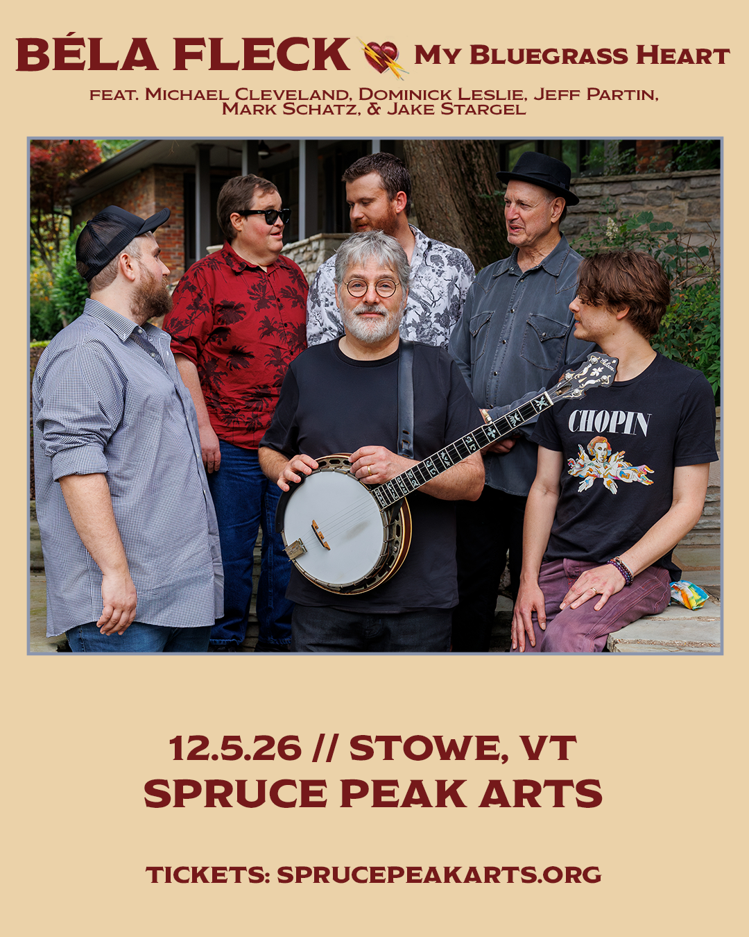 Concert poster for Béla Fleck and My Bluegrass Heart at Spruce Peak Arts, December 2025.