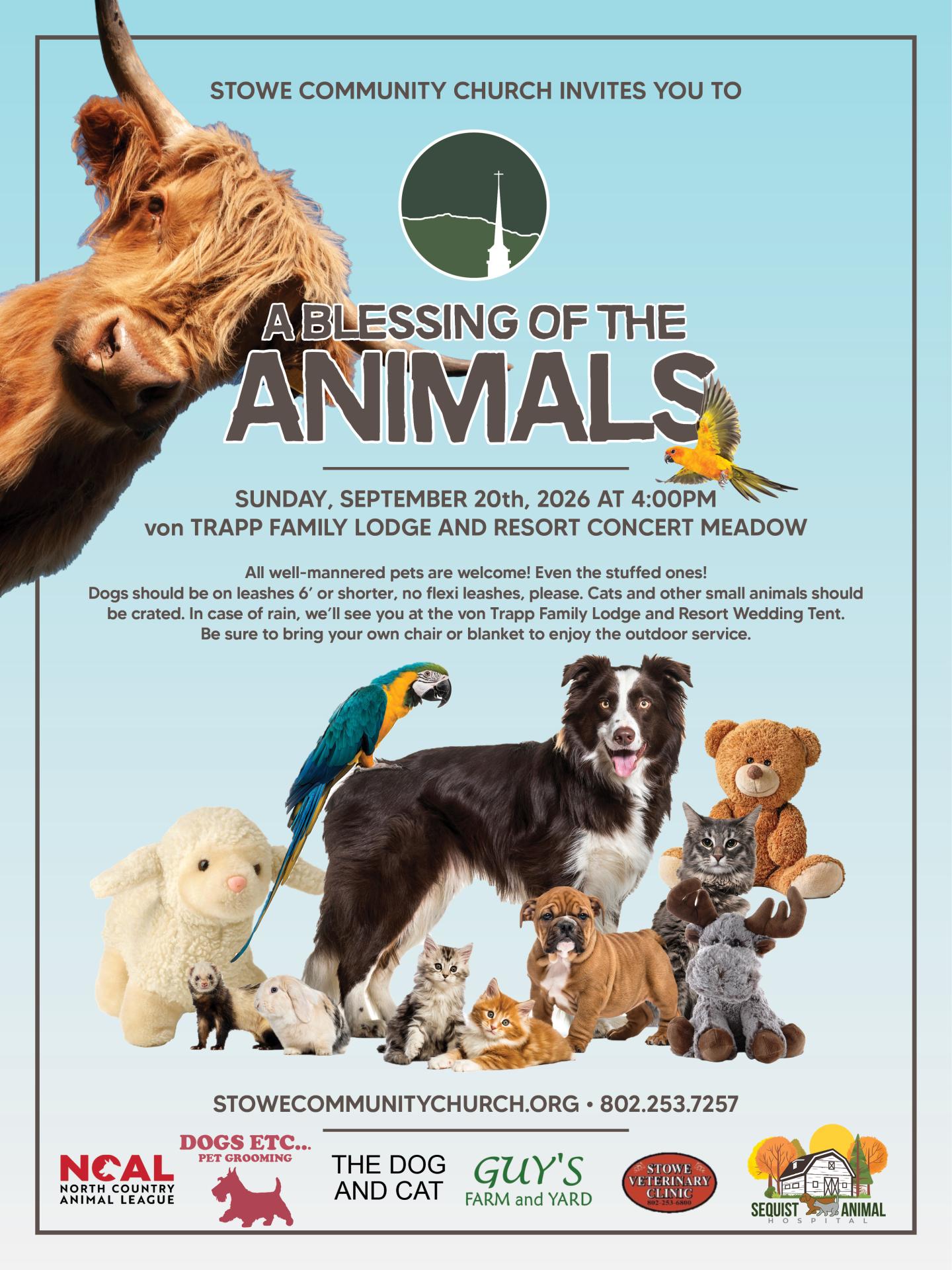 Flyer for “A Blessing of the Animals” with dogs, cat, rabbit, and animal photos.