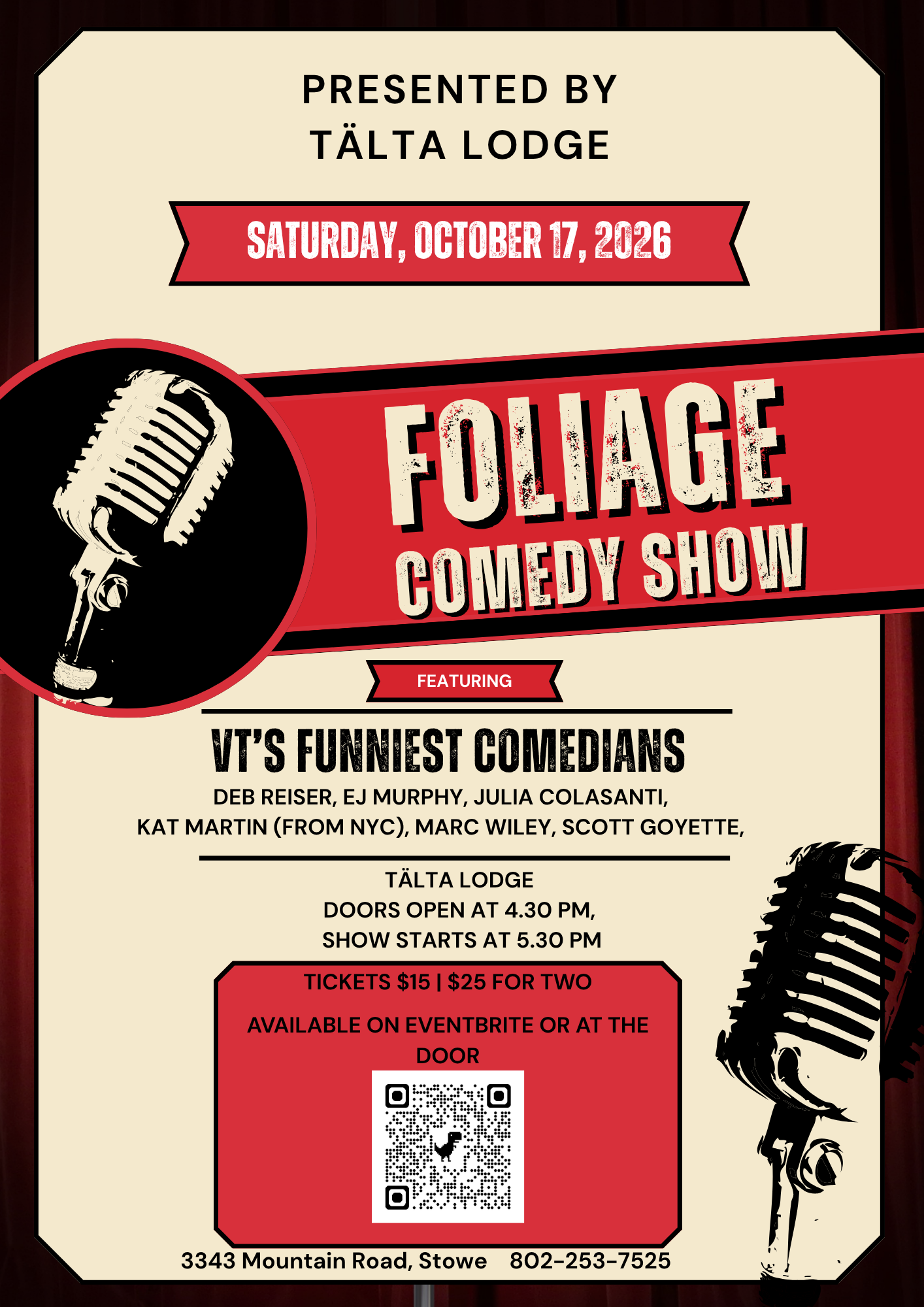 Vintage poster for Foliage Comedy Show, featuring microphones and event details.