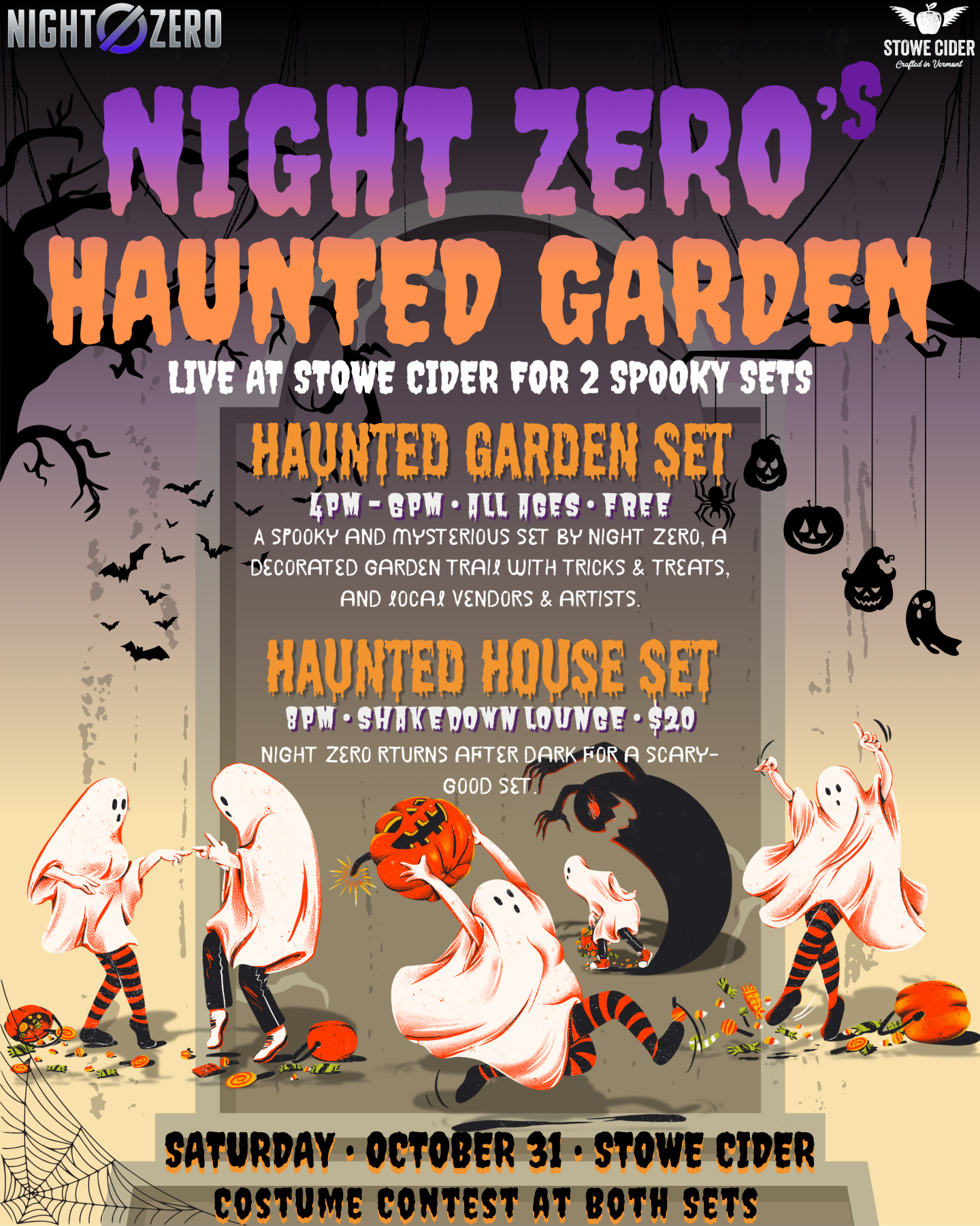 Night Zero’s Haunted Garden poster with spooky characters and event details.
