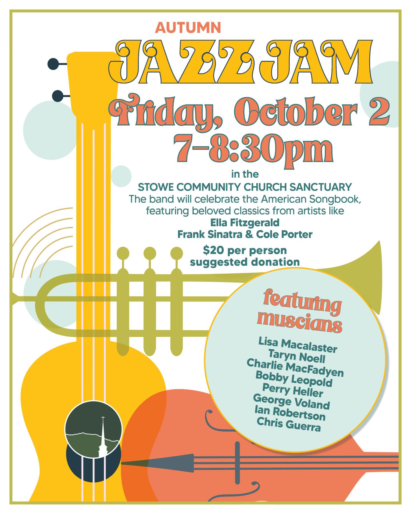 Poster for Autumn Jazz Jam, Friday, October 2, 7–8:30 pm, featuring musicians.