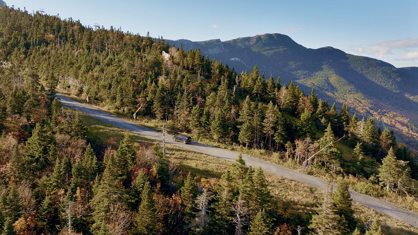 Winding mountain road through a forested hillside beneath distant peaks