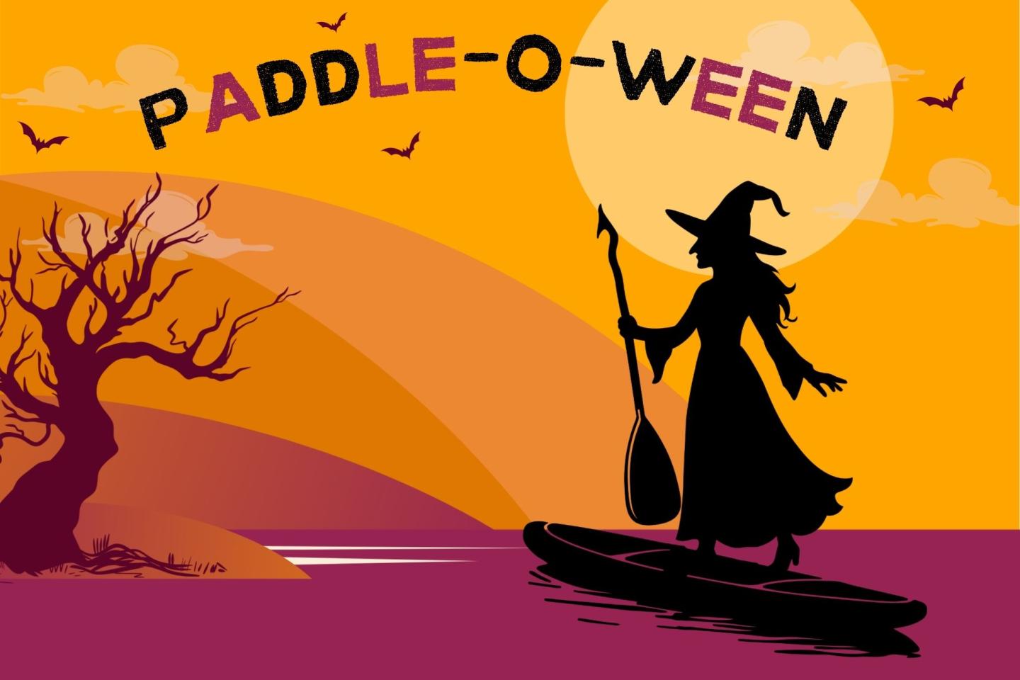 Graphic of a witch paddleboarding at sunset, with “Paddle-O-Ween” text.