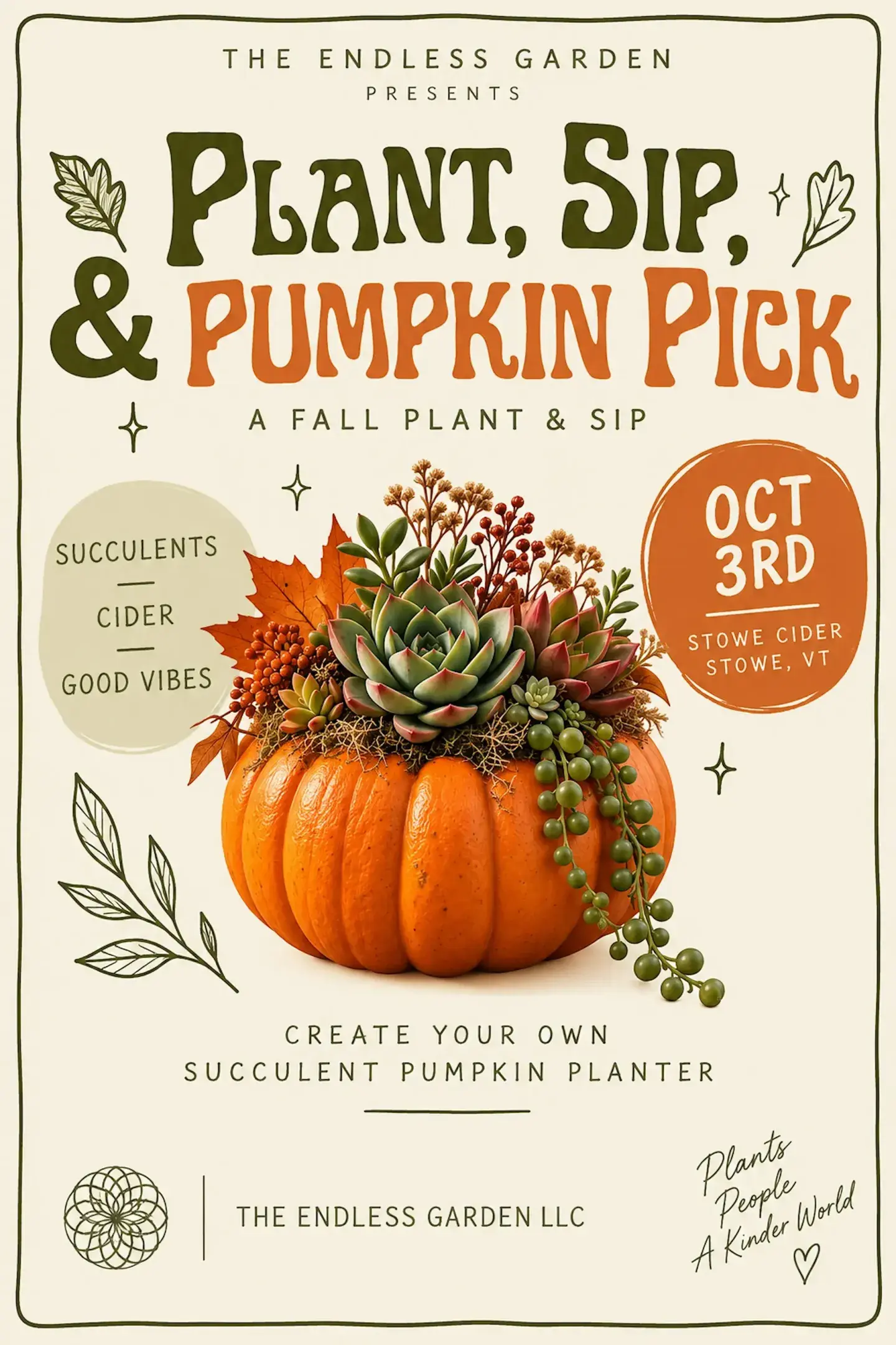 Vintage poster advertising “Plant, Sip, &amp; Pumpkin Pick” fall festival, October 3rd.