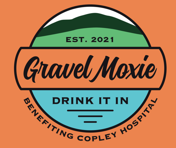 Gravel Moxie logo with mountain, “Drink It In,” benefiting Copley Hospital.