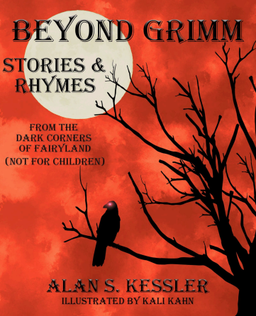 Book cover for “Beyond Grimm: Stories &amp; Rhymes” with a raven on bare branches against a red sky.