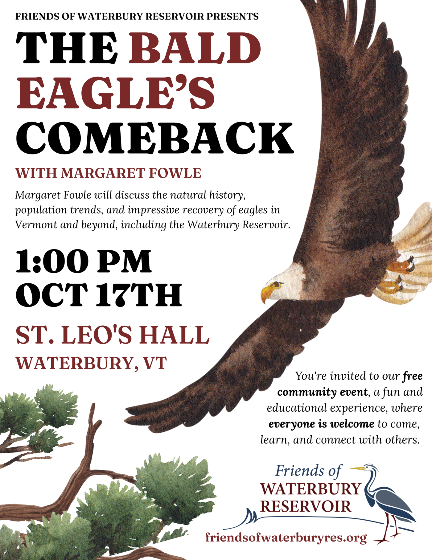 Poster featuring a bald eagle and event details for “The Bald Eagle’s Comeback.”