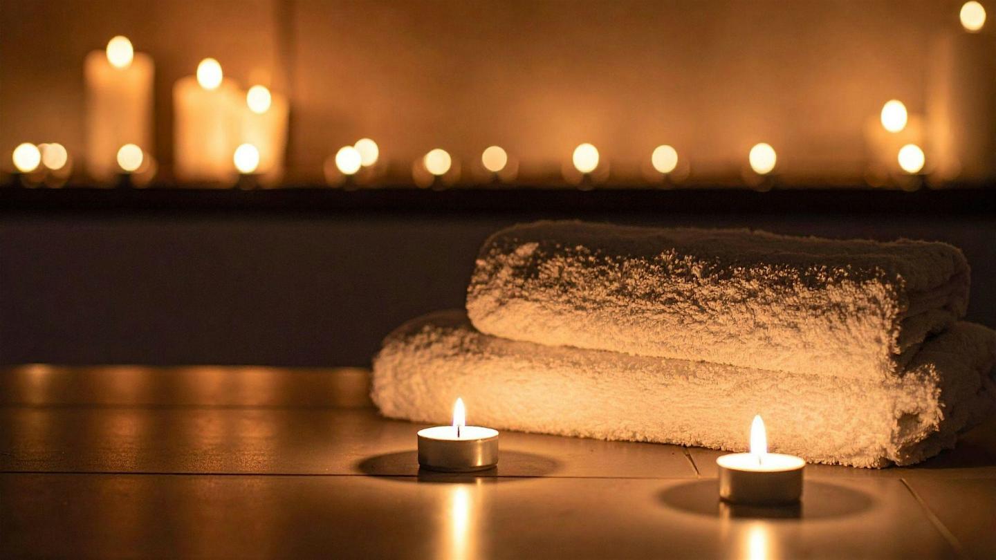 Lit candles surround a rolled towel in a warm spa setting.