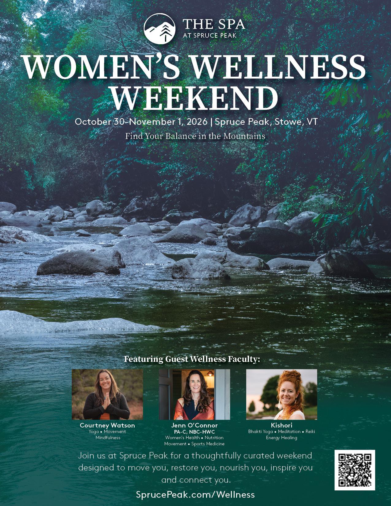 Women's Wellness Weekend retreat poster with forest river, speaker portraits, and QR code.