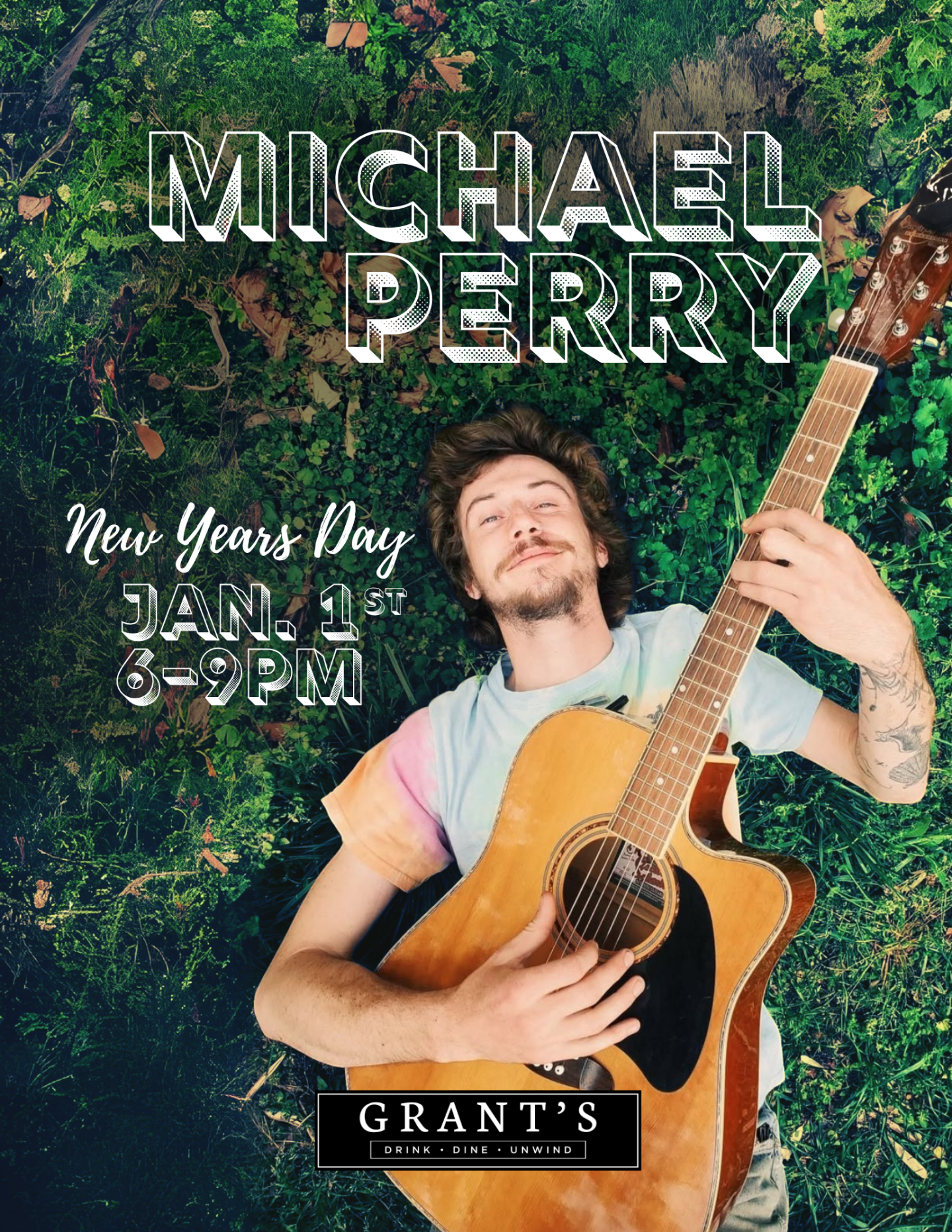 Michael Perry holding an acoustic guitar amid foliage, promoting a New Year's Eve show.