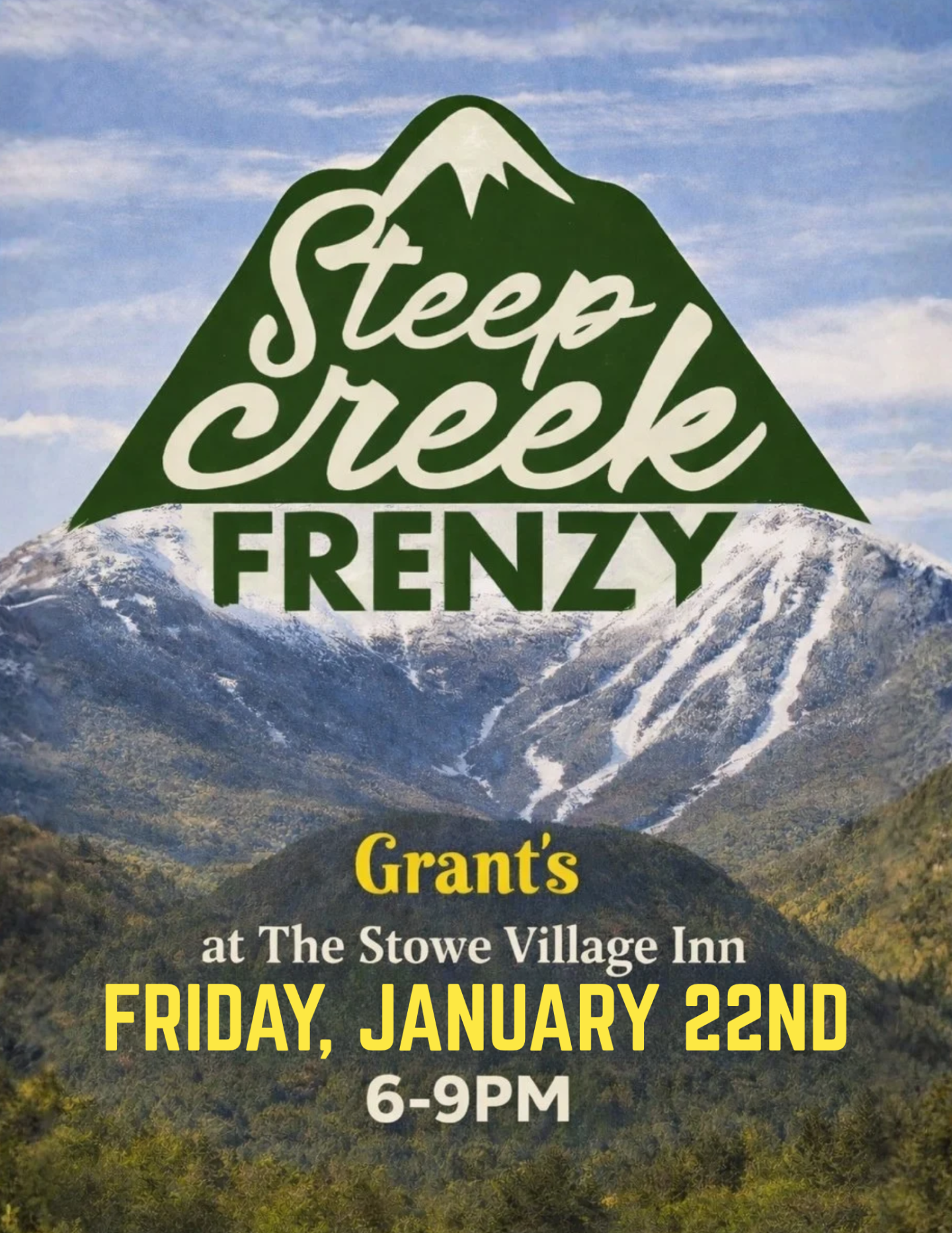 Steep Creek Frenzy ski event poster, Friday, January 22nd, 6–9 PM.