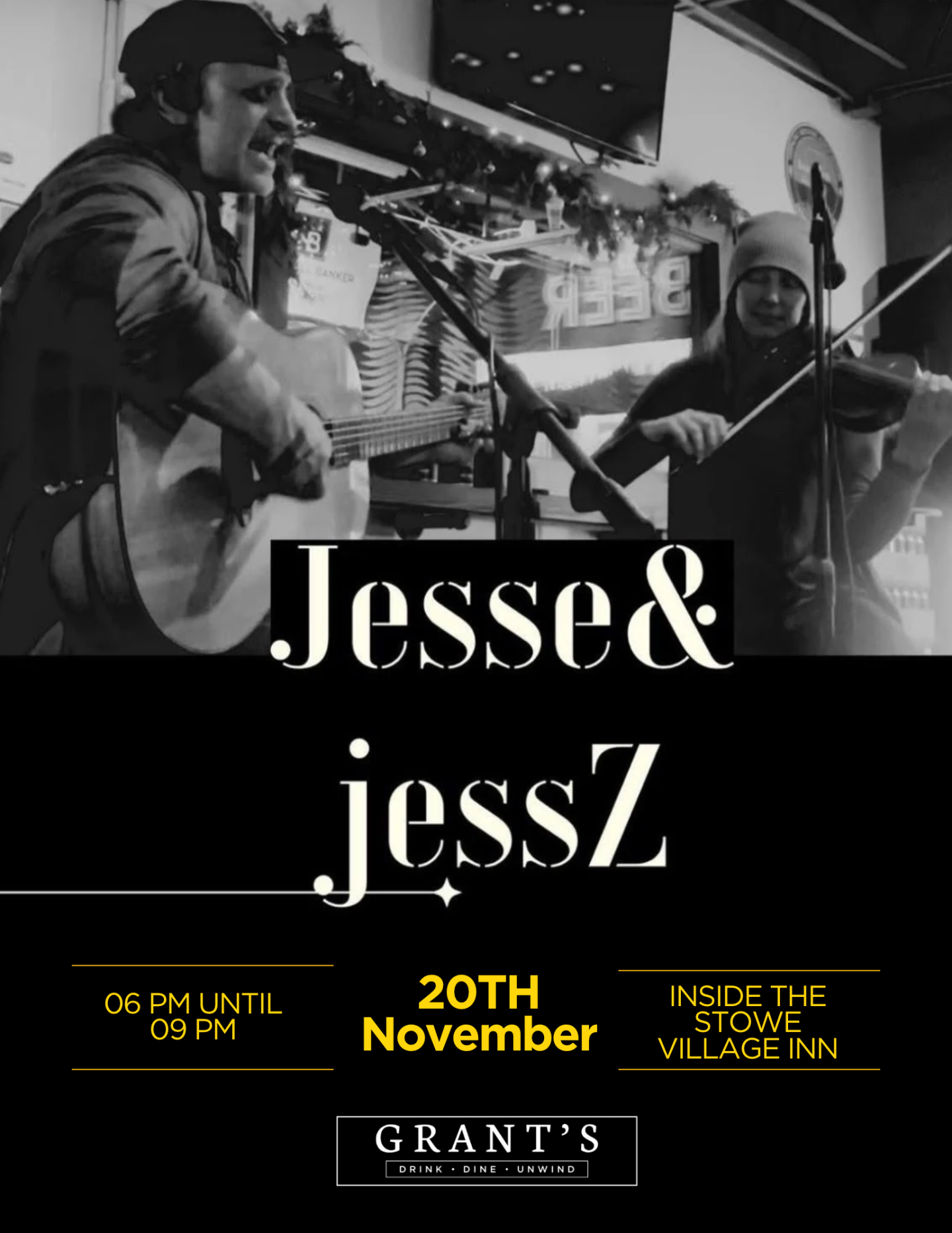 Black-and-white photo of two musicians; Jesse &amp; JessZ concert poster.