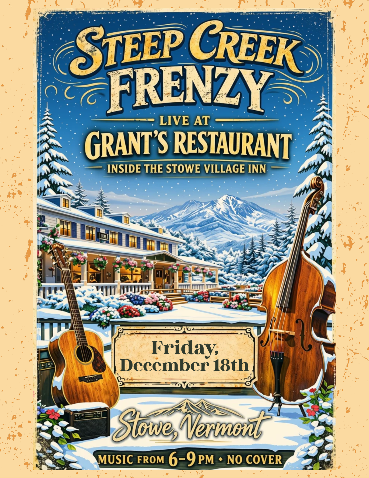 Vintage poster for Steep Creek Frenzy bluegrass festival in Stowe, Vermont.