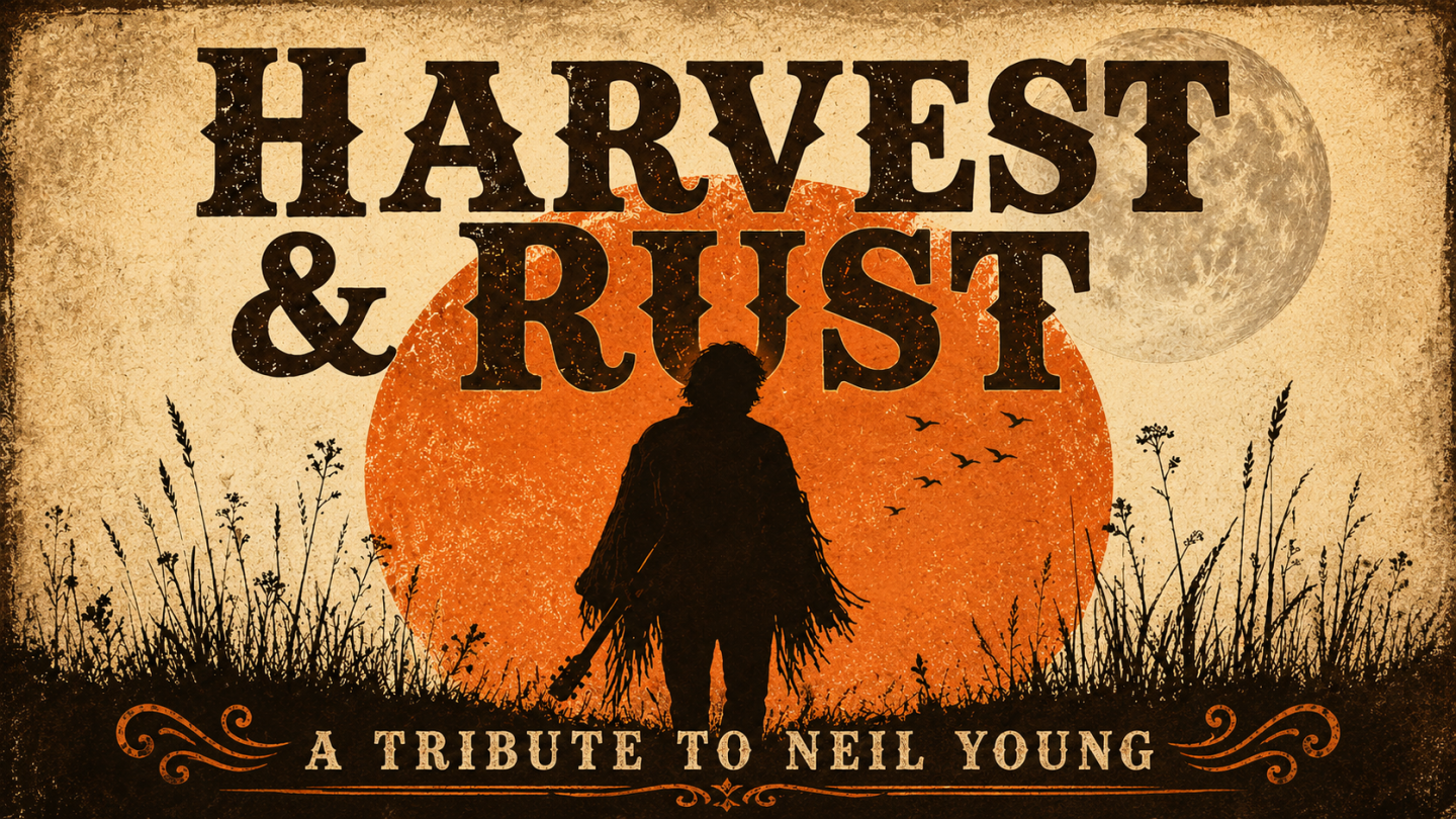 Vintage poster reading “Harvest &amp; Rust,” with silhouette against an orange sun.