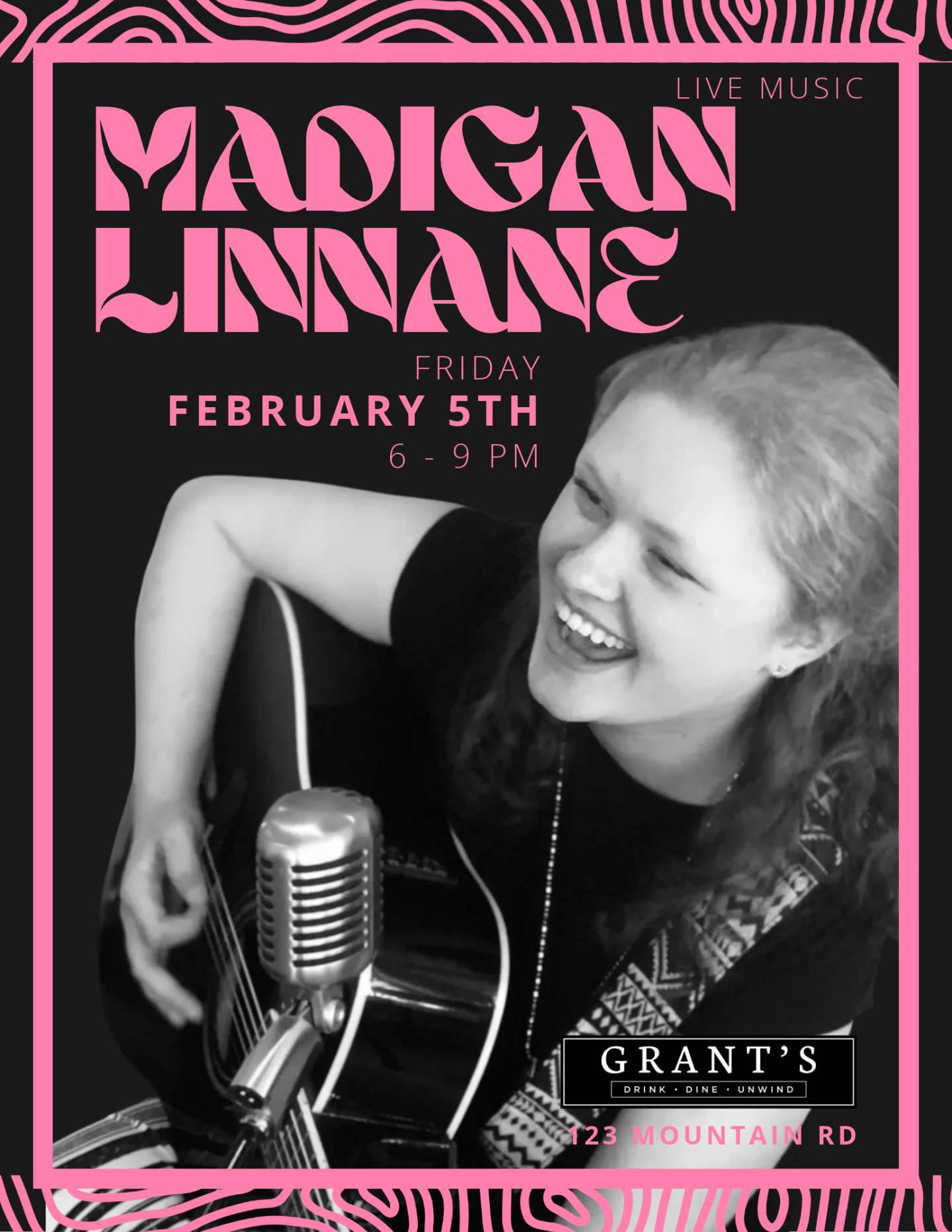 Pink-and-black poster of singer raising a fist beside a vintage microphone.